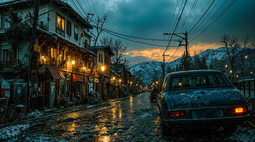 冬の山麓に位置するレトロな街角の夕暮れ