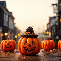 夕暮れの石畳に並ぶオレンジのジャックオーランタンと秋の街並みの写真