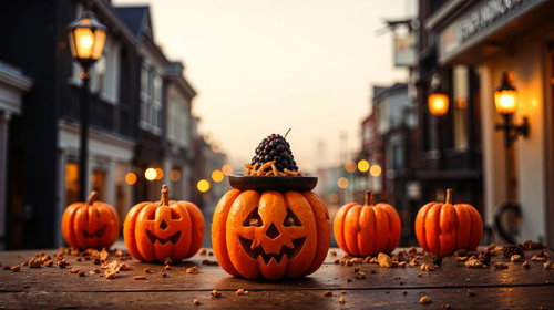 夕暮れの石畳に並ぶオレンジのジャックオーランタンと秋の街並み