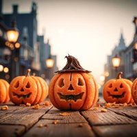 夕暮れの石畳に並ぶハロウィンのジャックオーランタンの写真