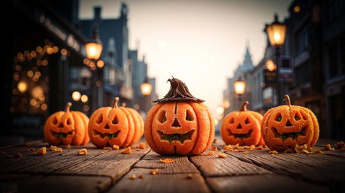 夕暮れの石畳に並ぶハロウィンのジャックオーランタン