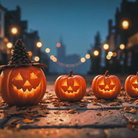 石畳の通りに並ぶ4つのジャックオーランタンと夜の街並みの写真