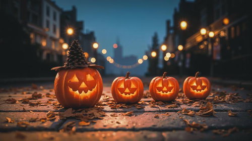 石畳の通りに並ぶ4つのジャックオーランタンと夜の街並み
