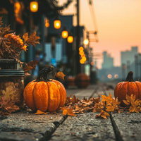 ハロウィン時期に転がるかぼちゃの写真
