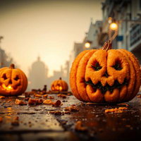 石畳の街並みに並ぶオレンジ色のジャック・オー・ランタンとガス灯の夜景の写真