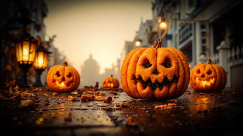 石畳の街並みに並ぶオレンジ色のジャック・オー・ランタンとガス灯の夜景