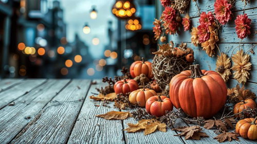 木の温もり漂う秋のテーブルにかぼちゃの彩り