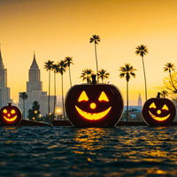 夕暮れの街に浮かぶハロウィンのジャック・オー・ランタン群の写真