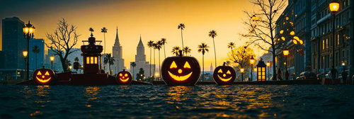 夕暮れの街に浮かぶハロウィンのジャック・オー・ランタン群