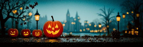 夜明け前の湖畔とオレンジ色のジャック・オー・ランタン