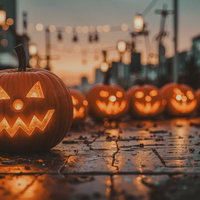 石畳に並ぶハロウィンのジャックオーランタンと夜の街並みの写真