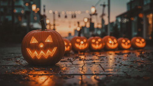 石畳に並ぶハロウィンのジャックオーランタンと夜の街並み