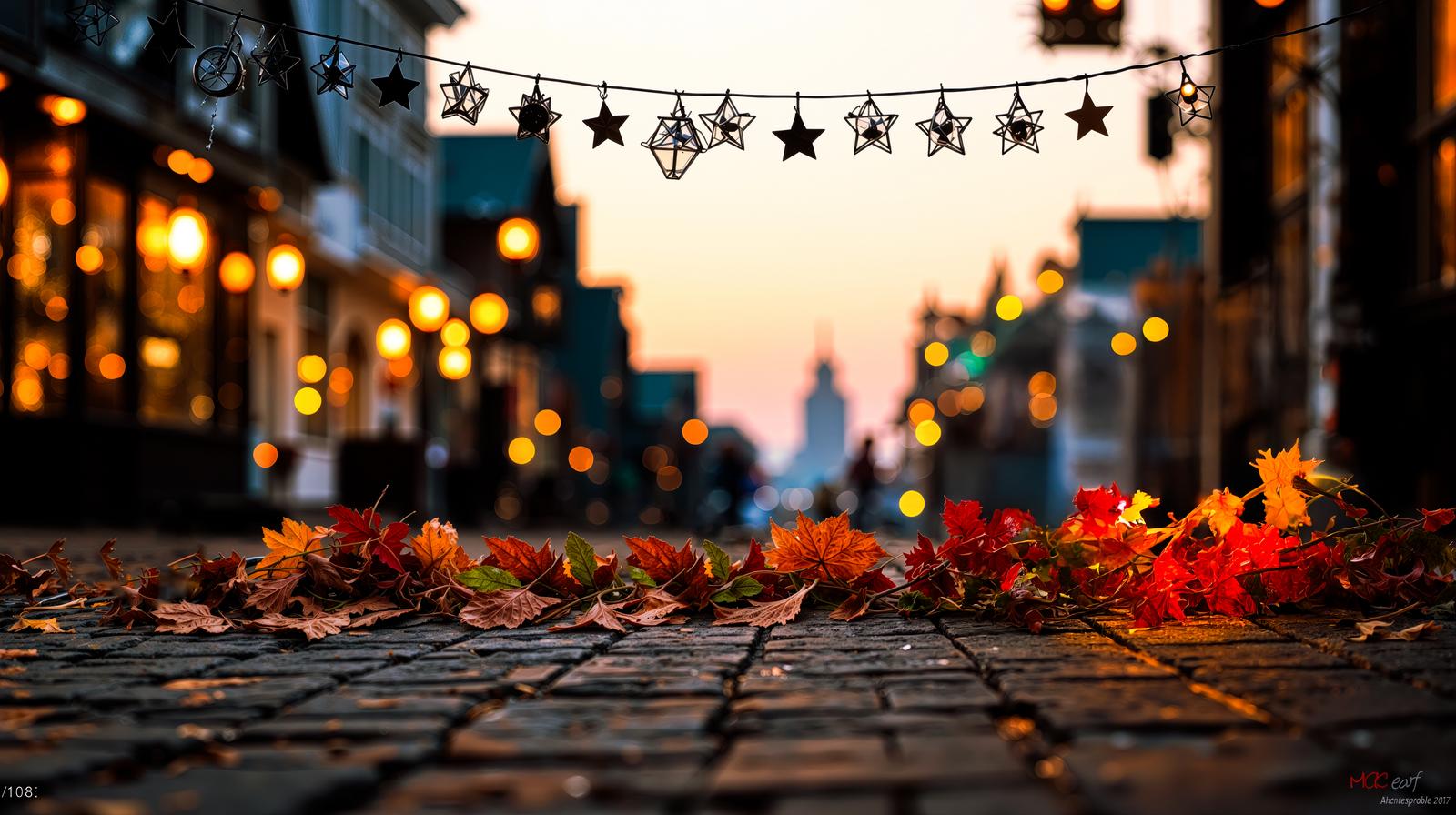 星型ガーランドが吊るされた石畳の街に紅葉の落ち葉が散らばる夕暮れの光景