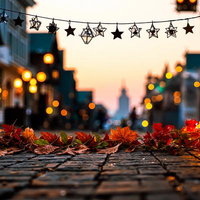 星型ガーランドと紅葉の落ち葉が散らばる石畳の夕暮れ街並みの写真