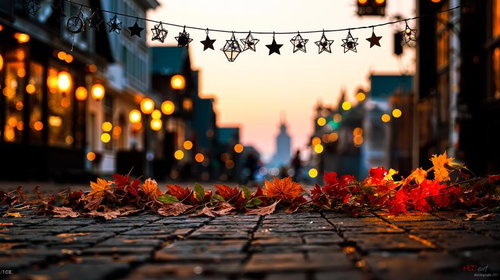 星型ガーランドと紅葉の落ち葉が散らばる石畳の夕暮れ街並み