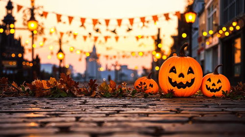 石畳の街角にオレンジのジャックオーランタンが並ぶハロウィンの夕暮れ