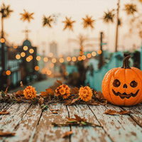 夕暮れのテラスに並ぶハロウィンカボチャの写真