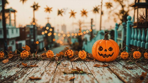 夕暮れのテラスに並ぶハロウィンカボチャ