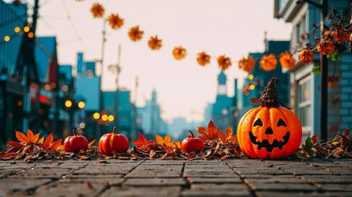 石畳の街並みに並ぶオレンジ色のジャック・オー・ランタンと秋の落ち葉