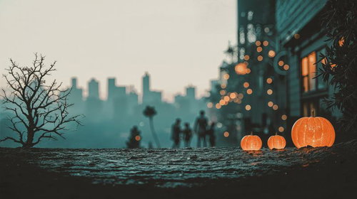 夕暮れの都市背景に光るハロウィンかぼちゃランタン