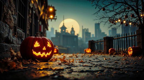 闇夜に輝く不気味なハロウィンのかぼちゃ