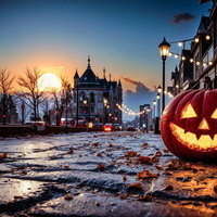 夕暮れの街角で光るハロウィンパンプキンと石畳の道の写真