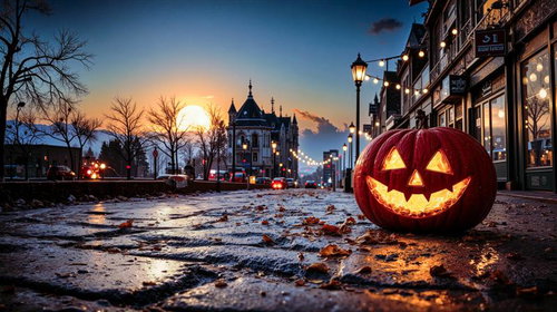 夕暮れの街角で光るハロウィンパンプキンと石畳の道