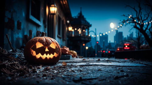 夜の石畳に置かれた光るジャックオランタンと街並み