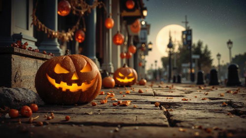 満月とジャックオーランタンが並ぶ石畳の秋夜ハロウィン街角