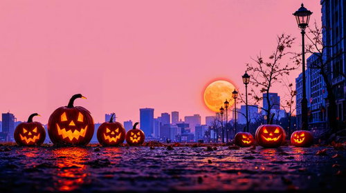 ピンク色の夕暮れ空と石畳に並んだオレンジ色のジャック・オー・ランタン