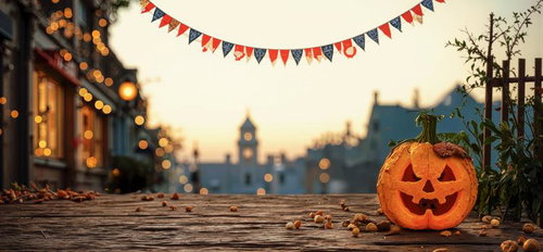 街路に吊り下げられたガーランドとオレンジ色のジャックオーランタン