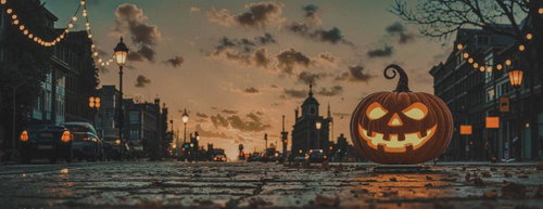 雨上がりの路面に映るハロウィンの灯り