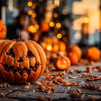木製テーブルに置かれたジャックオランタンと枯れ葉の温かい照明の写真