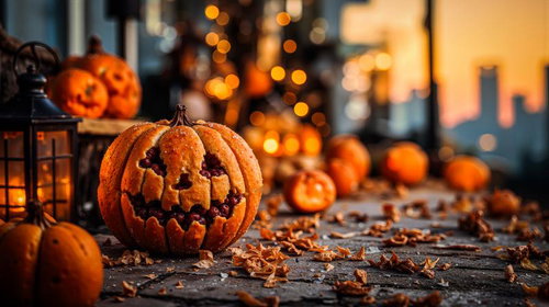 木製テーブルに置かれたジャックオランタンと枯れ葉の温かい照明