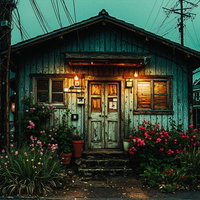 電線が張り巡らされた夕暮れの古びた木造家屋の写真