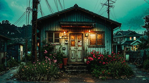 電線が張り巡らされた夕暮れの古びた木造家屋