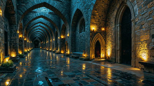 荘厳な石造りの回廊を静かに歩む夜