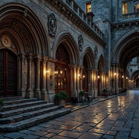 石畳の回廊に灯る暖色系ランタンと重厚なアーチ構造の写真