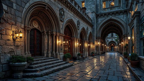 石畳の回廊に灯る暖色系ランタンと重厚なアーチ構造