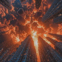 高層ビル群を見上げる夕焼け空と雲の写真