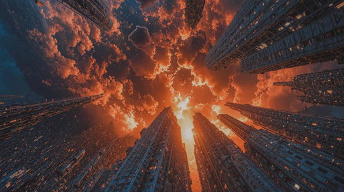 高層ビル群を見上げる夕焼け空と雲