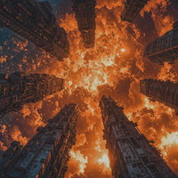 オレンジ色の炎に包まれた高層ビル群を見上げる構図の写真