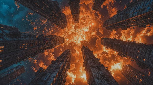 オレンジ色の炎に包まれた高層ビル群を見上げる構図