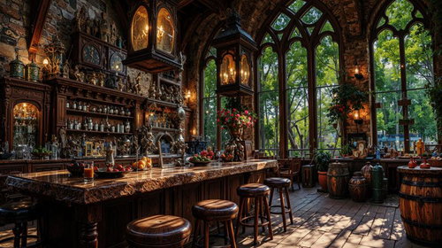 ステンドグラス窓とアンティークな調度品が融合する中世風の高級酒場
