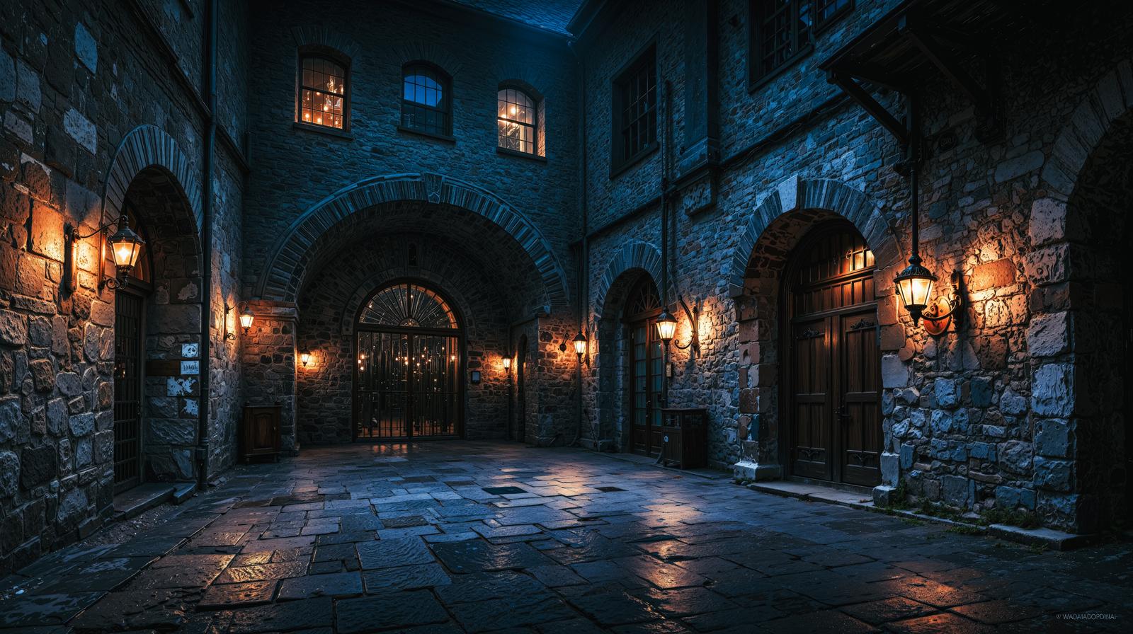 暖色のランプで照らされた石造りアーチの中世風夜の中庭