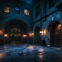 石造りアーチと暖色ランプが照らす夜の中庭の写真