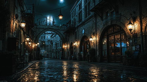 石畳と街灯が照らす夜の旧市街アーチ通り