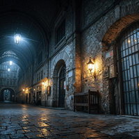 石畳の通路に格子窓とガス灯が並ぶ中世ヨーロッパ風の回廊の写真