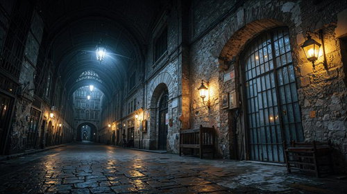 石畳の通路に格子窓とガス灯が並ぶ中世ヨーロッパ風の回廊