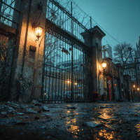 雨上がりの石畳通りを照らすガス灯の夜景の写真